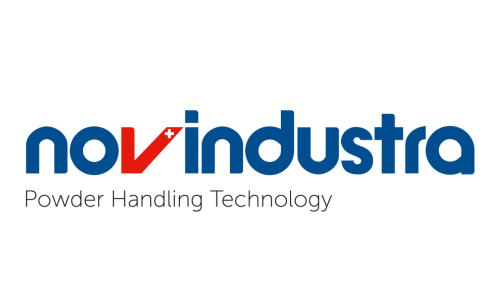 Novindustra Logo, blaue Schrift mit roten V